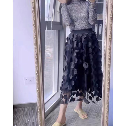 Black Polka Dot Mesh Midi Skirt for Women - Clelia