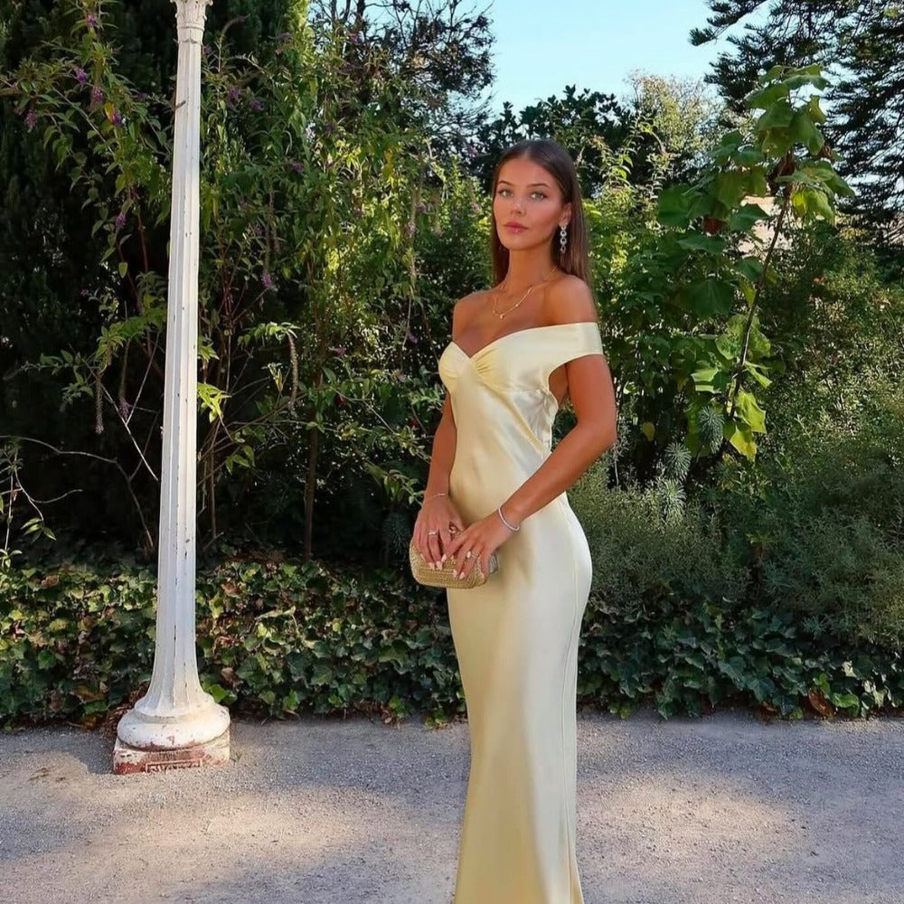 Off-Shoulder Satin Maxi Dress with Side Slit for Women - Aurora