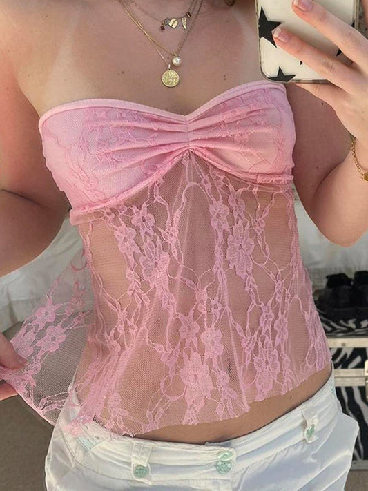 Top bandeau con lazo en la espalda y transparencias de encaje