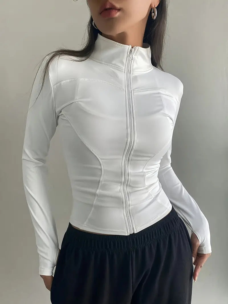 Top retro blanco de manga larga con cuello alto y cremallera