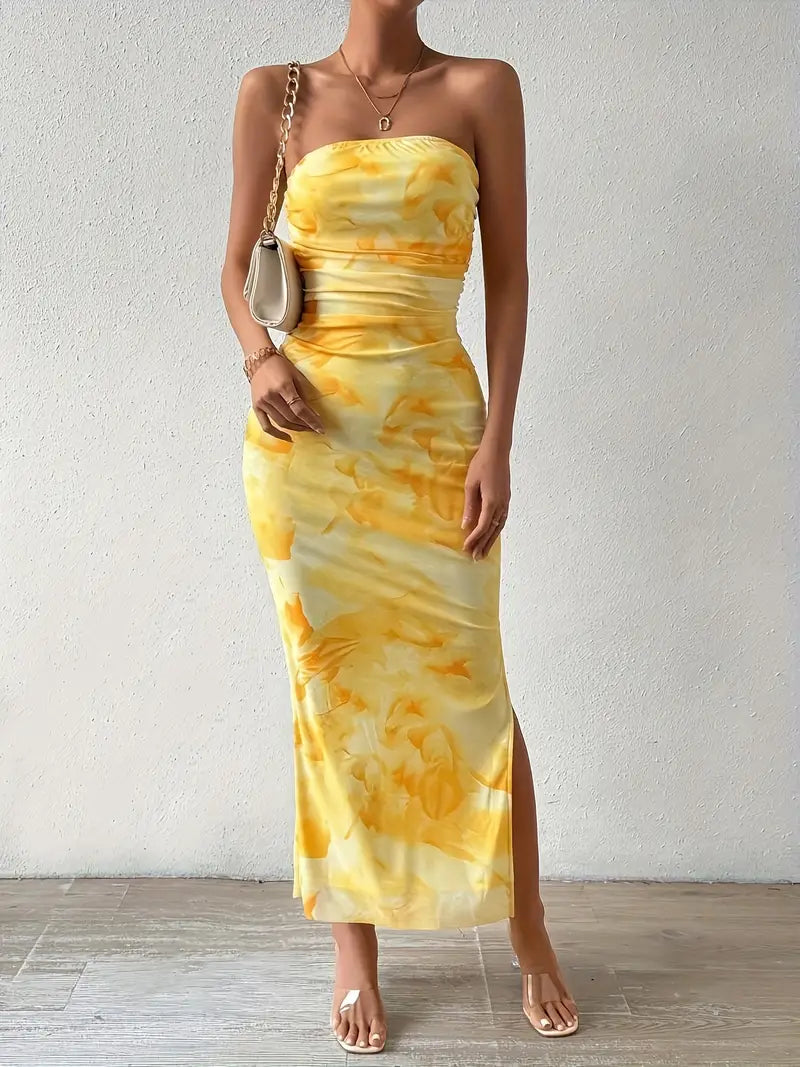 Yellow Floral Print Off Shoulder Backless Split Bodycon Tube Maxi Dress