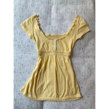 Yellow Short Sleeve Mini Dress with Lace Trim for Women - Linda