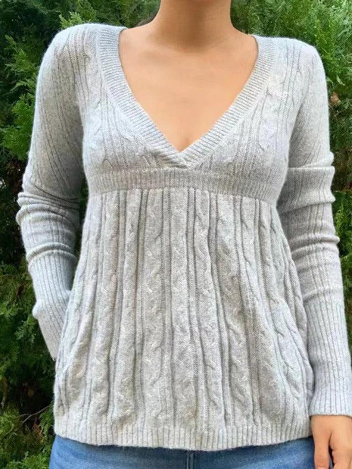 Vintage Gray V-Neck Crochet A Line Hem Sweater