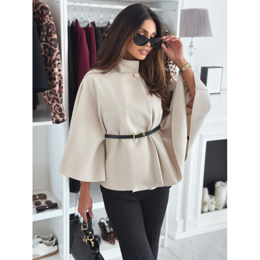 Belted Cape Coat with Wide Sleeves for Women - Zita