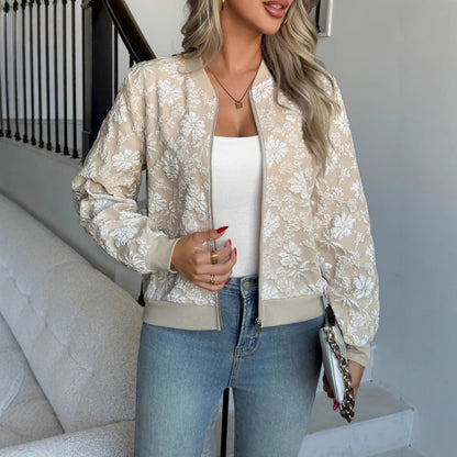 Beige Floral Embroidered Bomber Jacket with Zipper for Women - Liana