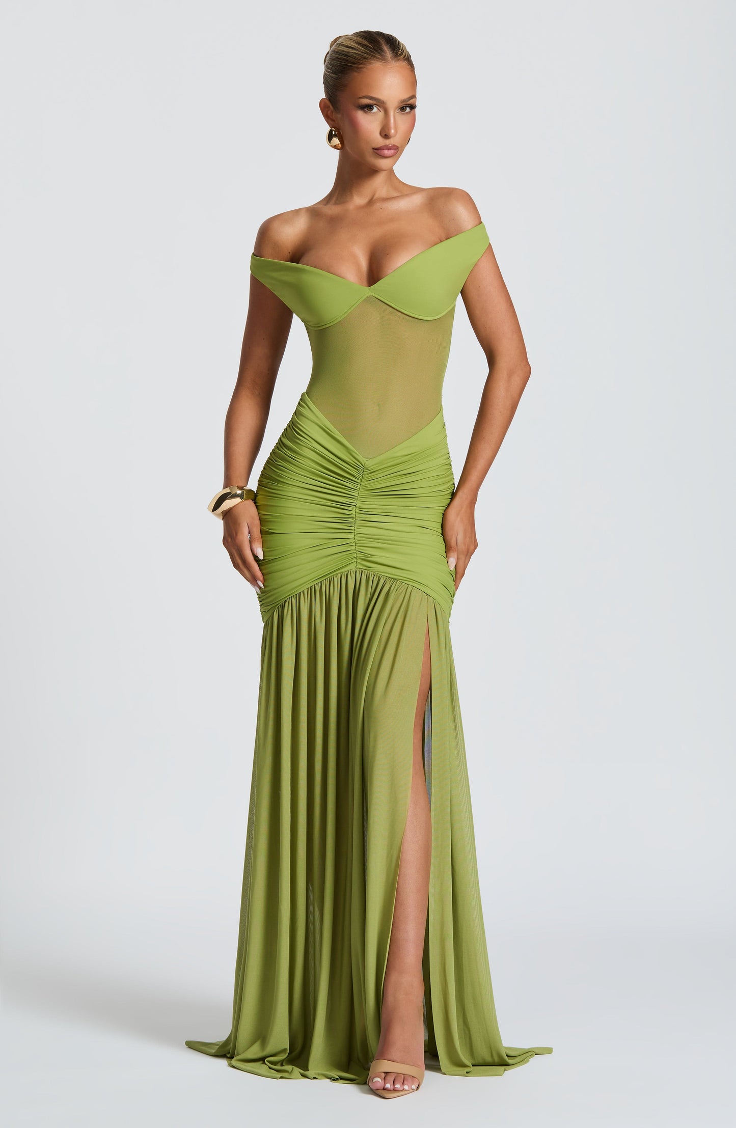 Olive Green Off Shoulder Maxi Dress with Side Slit for Women - Greta