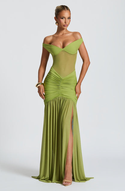 Olive Green Off Shoulder Maxi Dress with Side Slit for Women - Greta