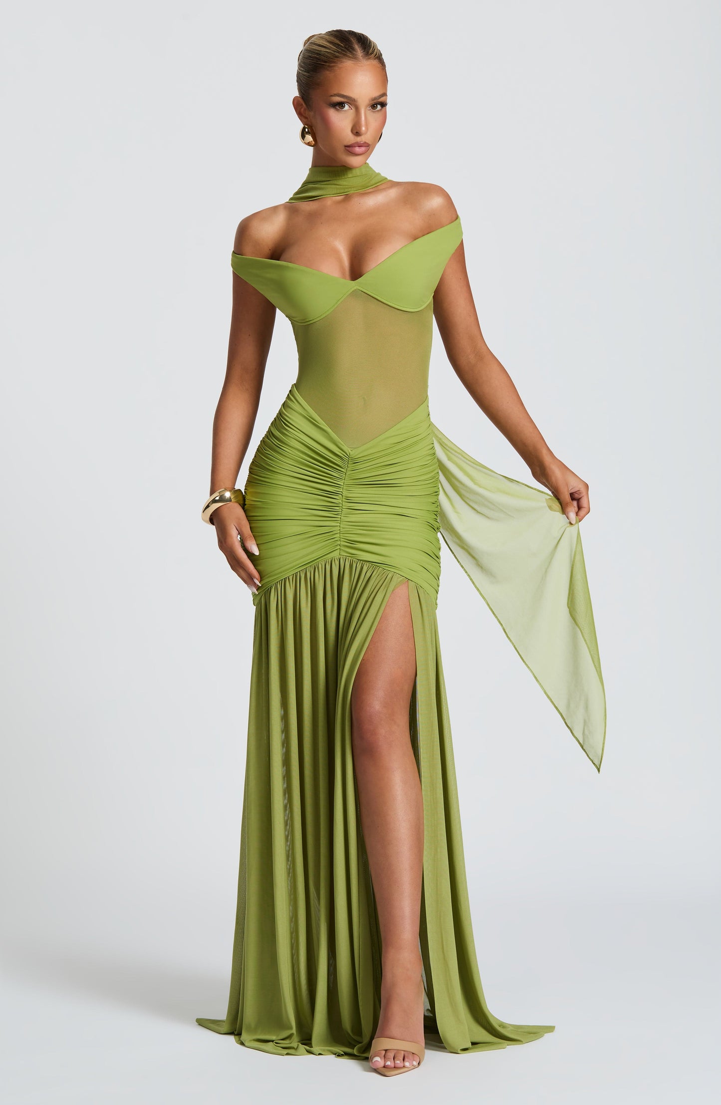 Olive Green Off Shoulder Maxi Dress with Side Slit for Women - Greta