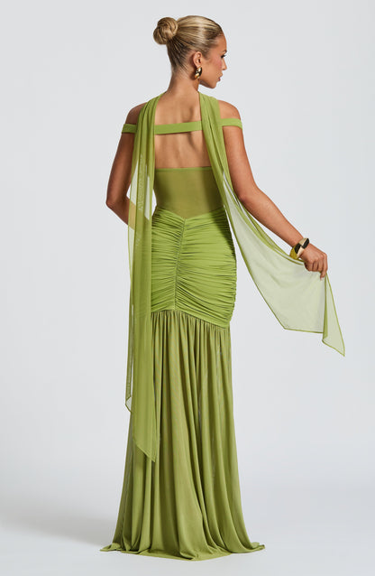 Olive Green Off Shoulder Maxi Dress with Side Slit for Women - Greta
