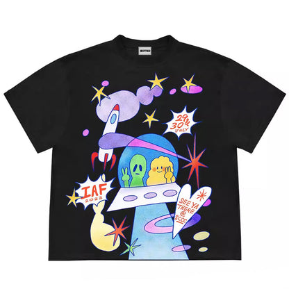 Camiseta de manga corta de algodón con gráfico estético de extraterrestres Y2K