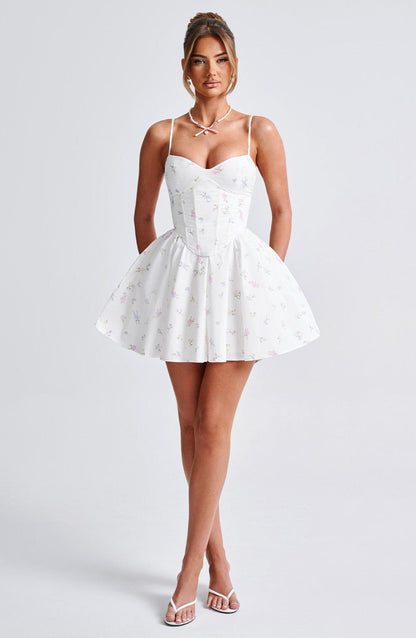 Amy Mini Dress-White Multi Floral Print