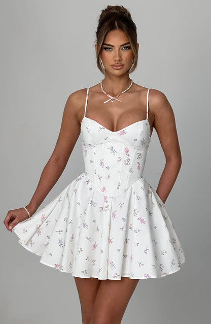 Amy Mini Dress-White Multi Floral Print