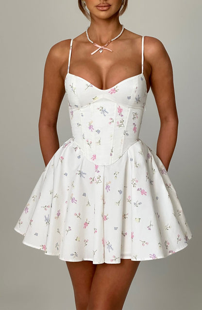 Amy Mini Dress-White Multi Floral Print