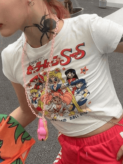 White Y2K Anime Graphic Crop Top