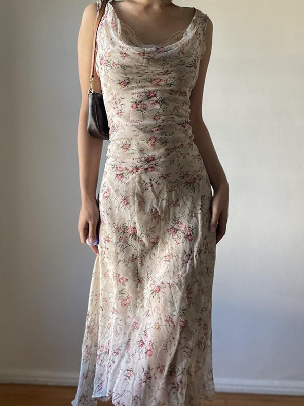Beige Y2k Floral Irregular Holiday Style Maxi Dress