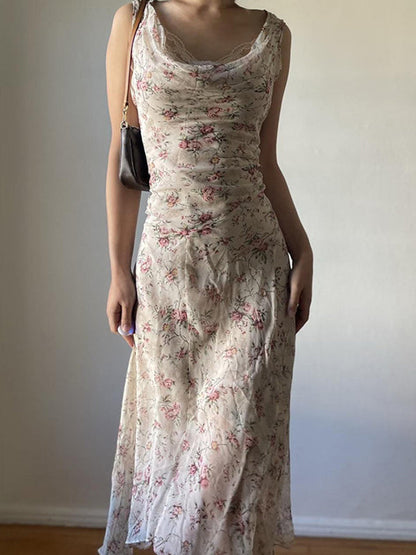 Beige Y2k Floral Irregular Holiday Style Maxi Dress