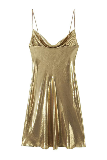 Y2k Cowl Neck Metallic Slip Mini Dress