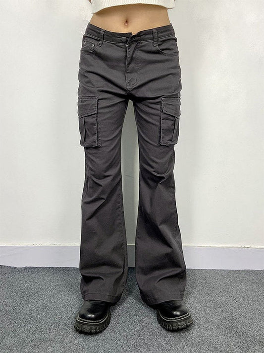 High Elasticity Flare Cargo Pants with Flap Pockets