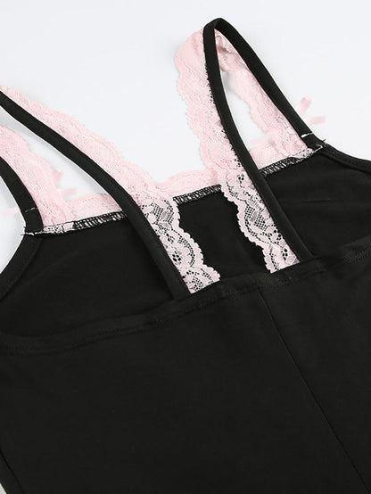 Black Y2K Spaghetti Strap Lace Trim Plain Bodysuit Top