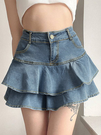 Blue Vintage High Rise Tiered Denim Mini falda