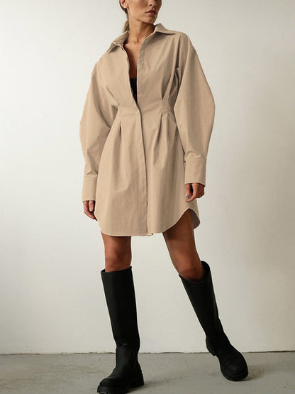 Vintage Fold Pleated Detail Shirt Long Sleeve Mini Dress