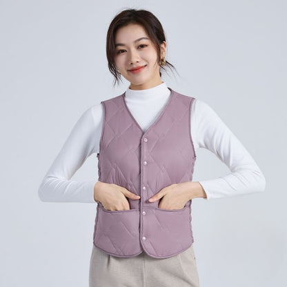 Quilted Puffer Vest with Button Closure for Women - Melissa
