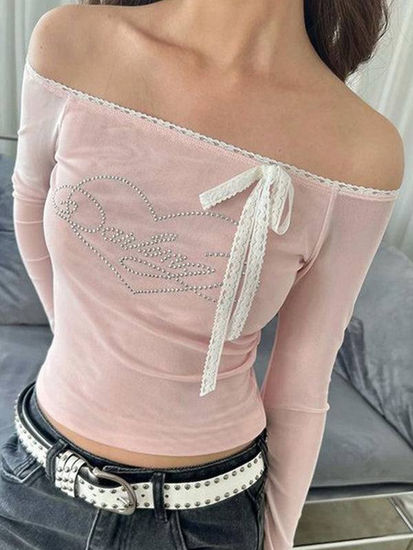 Vintage Lace Off Shoulder Heart Rhinestone Long Sleeve Tee