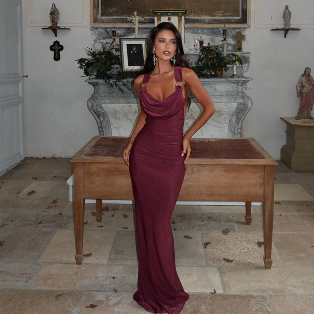 Burgundy Maxi Dress with Draped Neckline for Women - Rosella