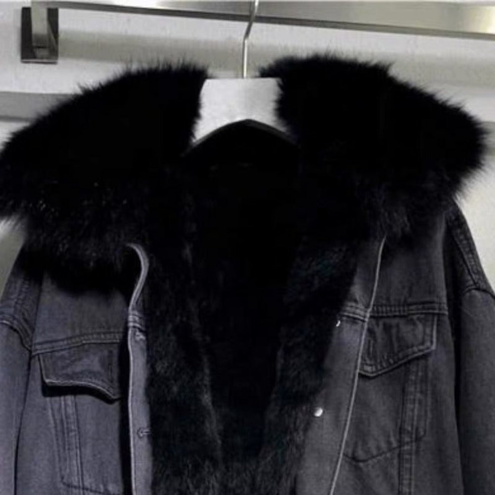 Denim Jacket with Faux Fur Hood for Women - Floriana