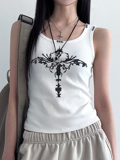 White Gothic Print Rivet Tank Top