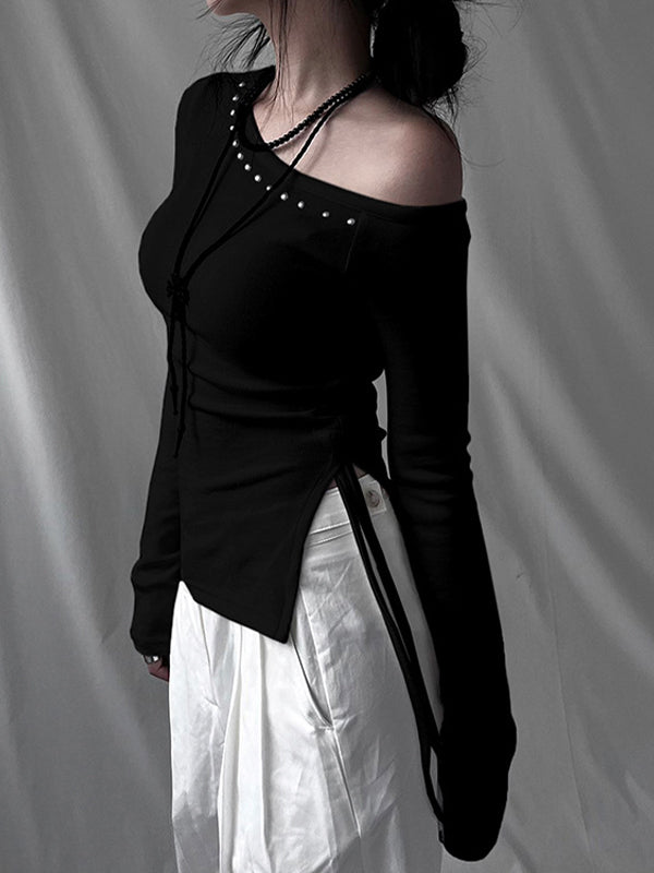 Black Y2k One Shoulder Rivet Long Sleeve Tee