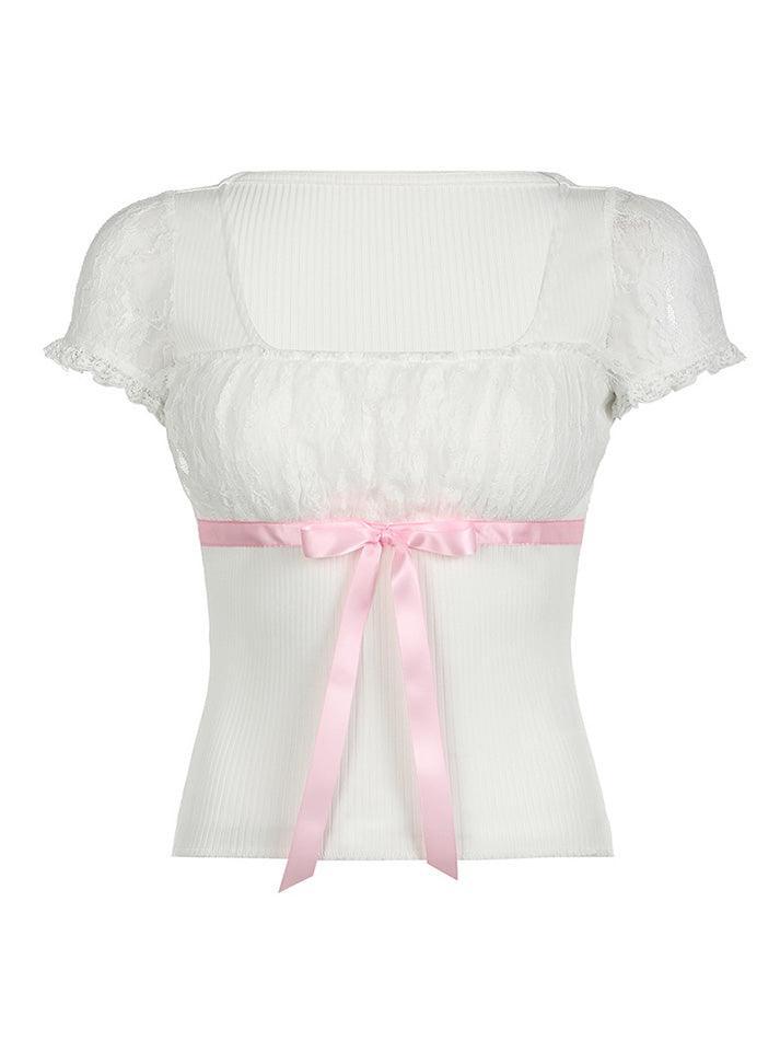 White Sweet Bow Lace Splicing Bubble Sleeve Top