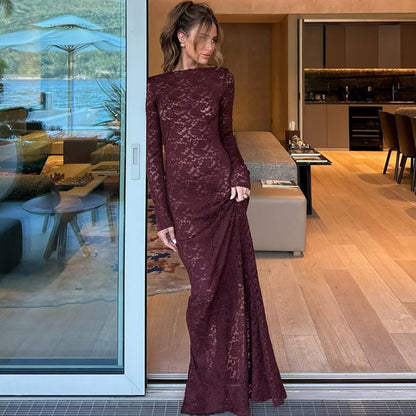 Burgundy Lace Long Sleeve Maxi Dress for Women - Miriam