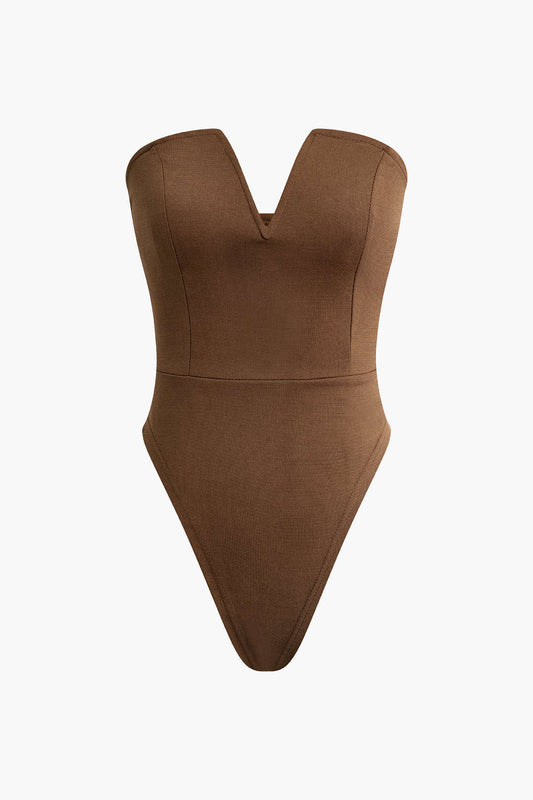 Solid Color V Neck Strapless Bodysuit