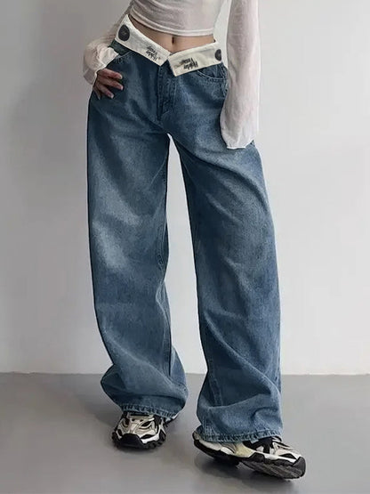 Hip Pop Turned Waist Boyfriend Jeans with Patchwork