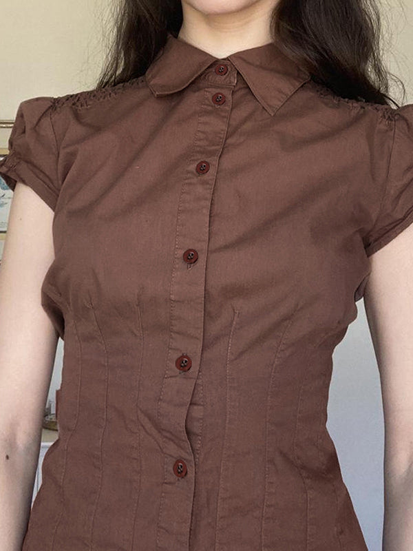 Brown Vintage Slim Fit Pleated Short Sleeve Shirt