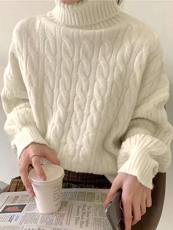 Classic Solid High Neck Cable Knit Sweater