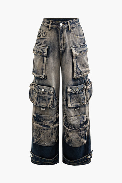 Ombre Punk Wide Leg Cargo Jeans with Multi Pockets