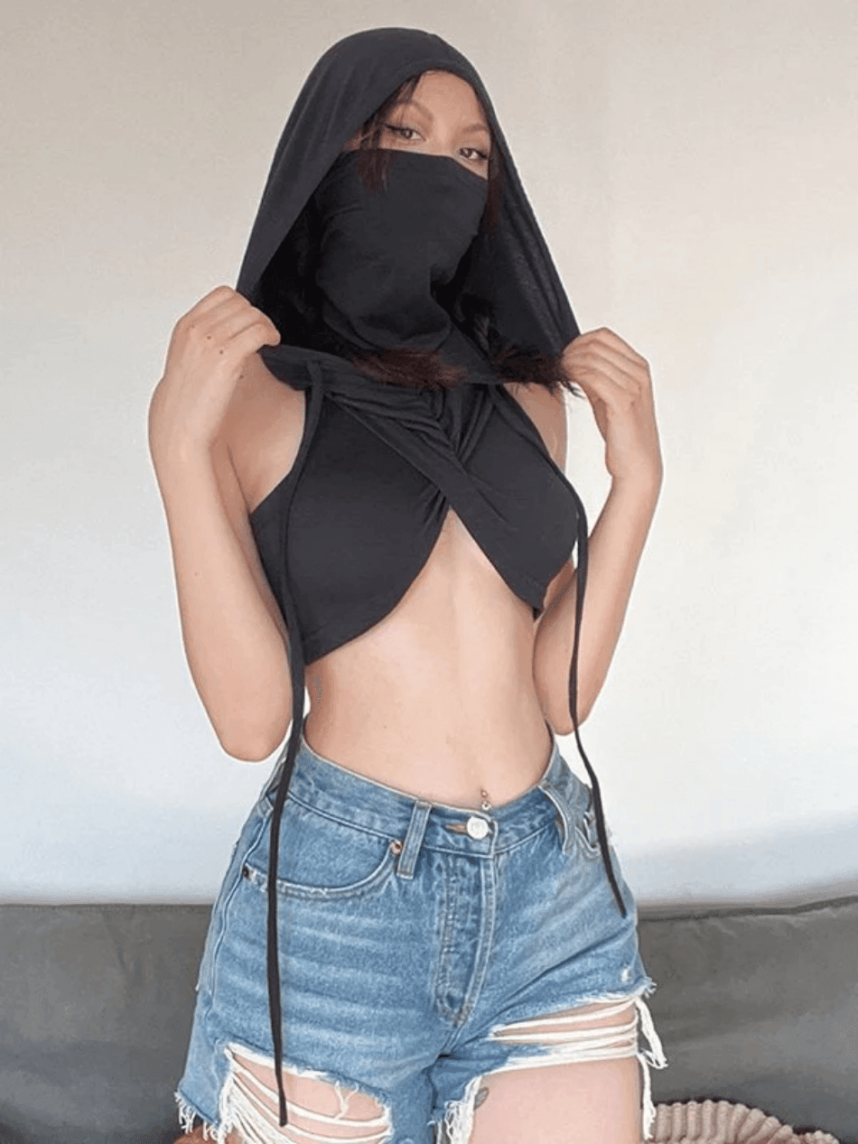 Black Grunge Bandana Design Hooded Cropped Tank Top