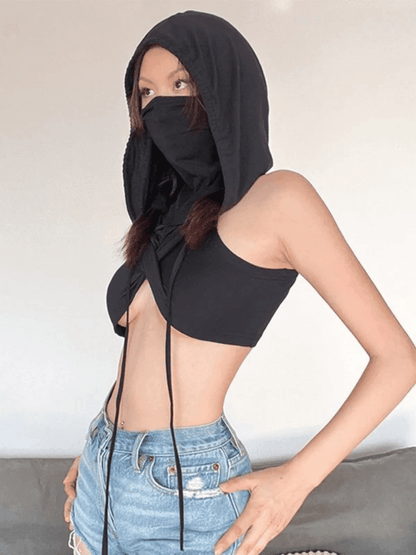 Black Grunge Bandana Design Hooded Cropped Tank Top