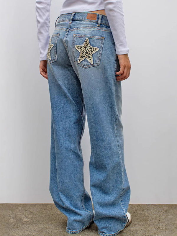 Blue Retro Leopard Print Star Boyfriend Jeans