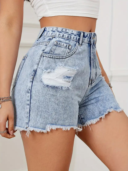 Retro Ripped Raw Hem Washed Denim Shorts