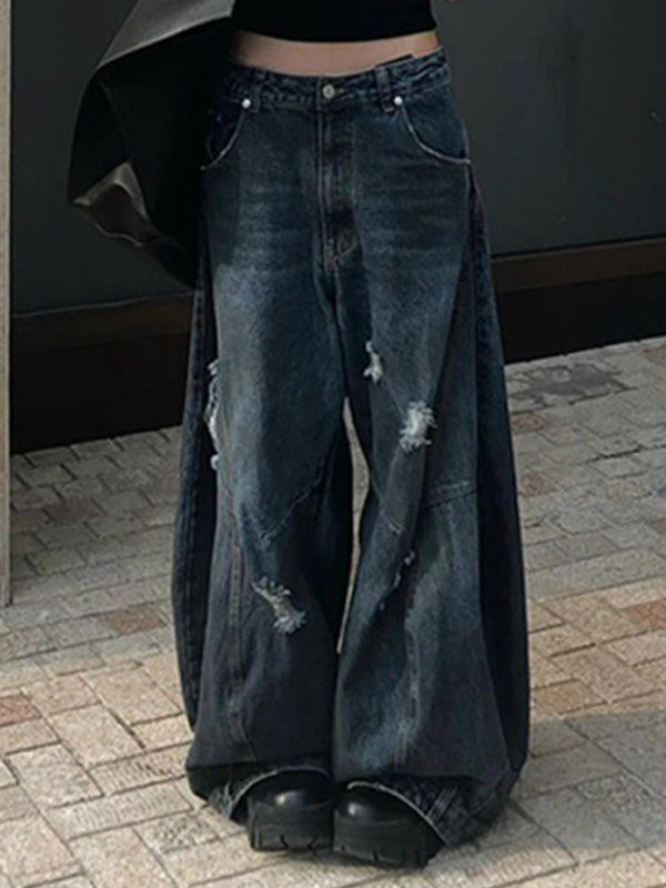 Blue Retro Distressed Dirty Dyed Wide Legs Boyfriend Jeans