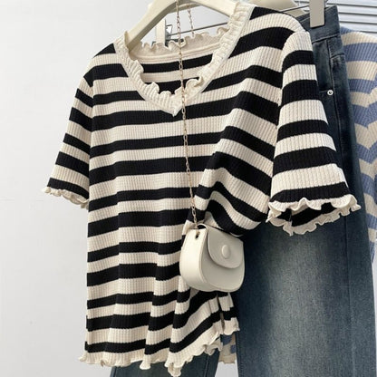 Black and White Striped Short Sleeve Top for Women - Assunta