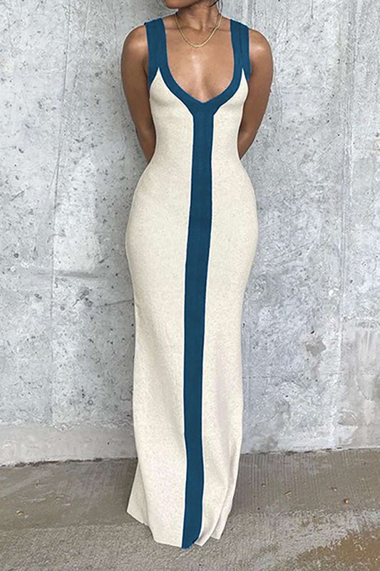 Colorblock Vintage V Neck Knit Slim Split Maxi Dress