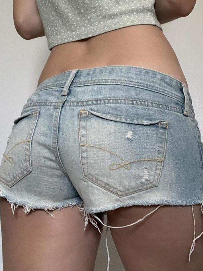 Blue Vintage Low Rise Frayed Denim Shorts