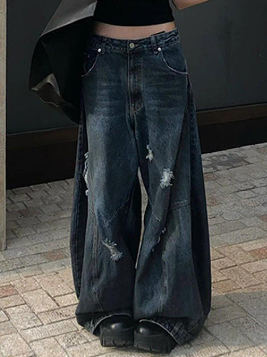 Blue Retro Distressed Dirty Dyed Wide Legs Boyfriend Jeans