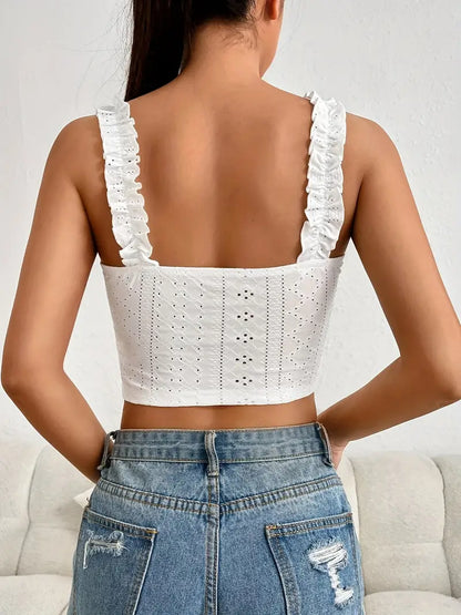 Vintage Eyelet Coquette Trim Tie Front Crop Cami Top