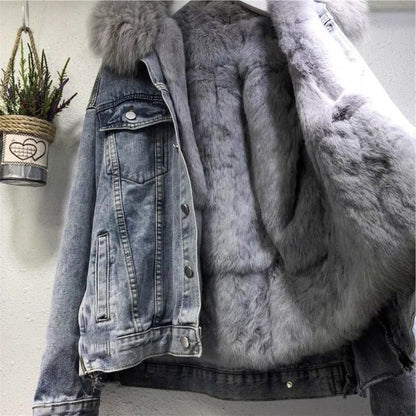 Denim Jacket with Faux Fur Hood for Women - Floriana