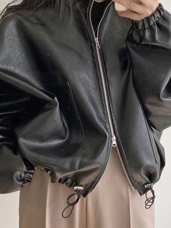 Vintage Schwarze Lederjacke mit Kordelzug und Kragenkragen